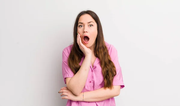 Pretty Caucasian Woman Open Mouthed Shock Disbelief Hand Cheek Arm — Foto Stock