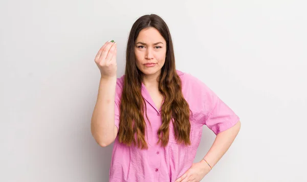 Pretty Caucasian Woman Making Capice Money Gesture Telling You Pay —  Fotos de Stock