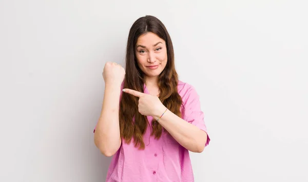 Pretty Caucasian Woman Looking Impatient Angry Pointing Watch Asking Punctuality —  Fotos de Stock