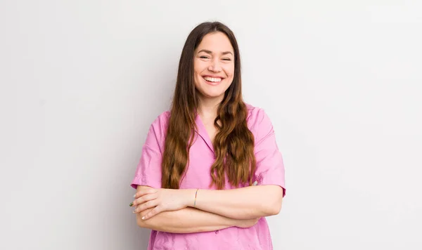 Pretty Caucasian Woman Looking Happy Proud Satisfied Achiever Smiling Arms — Foto Stock