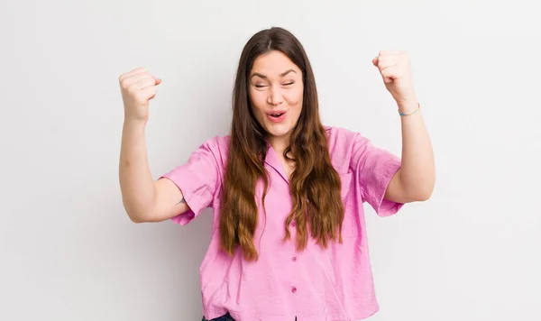 Pretty Caucasian Woman Celebrating Unbelievable Success Winner Looking Excited Happy — Zdjęcie stockowe