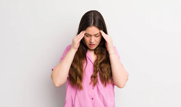 Pretty Caucasian Woman Looking Stressed Frustrated Working Pressure Headache Troubled — стоковое фото