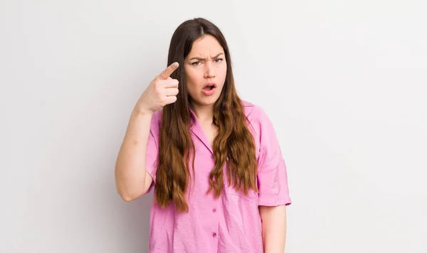 Pretty Caucasian Woman Pointing Camera Angry Aggressive Expression Looking Furious — Stock Photo, Image