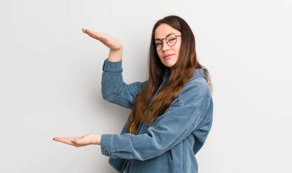 Pretty Caucasian Woman Holding Object Both Hands Side Copy Space — Stockfoto