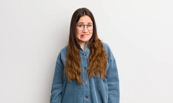 Pretty Caucasian Woman Looking Puzzled Confused Biting Lip Nervous Gesture — Fotografia de Stock