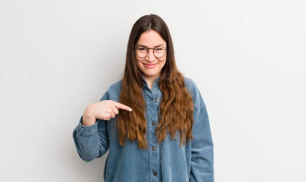 Pretty Caucasian Woman Looking Proud Confident Happy Smiling Pointing Self — Fotografia de Stock