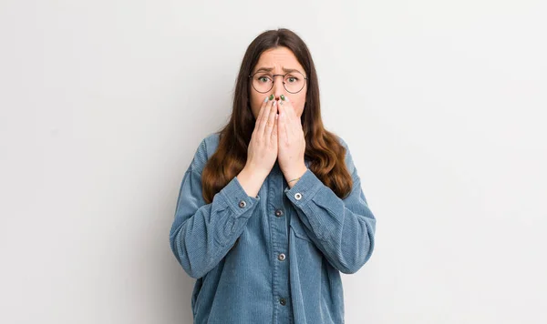 Pretty Caucasian Woman Feeling Worried Upset Scared Covering Mouth Hands — Stock Fotó