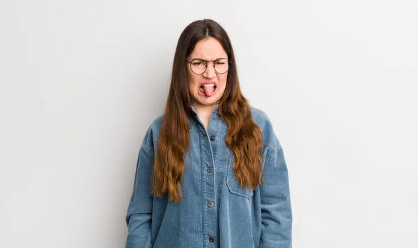 Pretty Caucasian Woman Feeling Disgusted Irritated Sticking Tongue Out Disliking — Zdjęcie stockowe