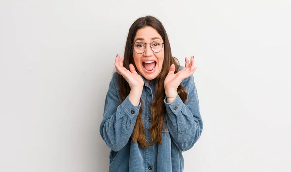 Pretty Caucasian Woman Feeling Shocked Excited Laughing Amazed Happy Because — Stock fotografie