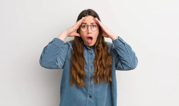 Pretty Caucasian Woman Feeling Horrified Shocked Raising Hands Head Panicking — Stock Fotó