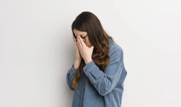 Pretty Caucasian Woman Covering Eyes Hands Sad Frustrated Look Despair — Stok fotoğraf