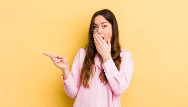 Pretty Caucasian Woman Feeling Happy Shocked Surprised Covering Mouth Hand — Stock Photo, Image