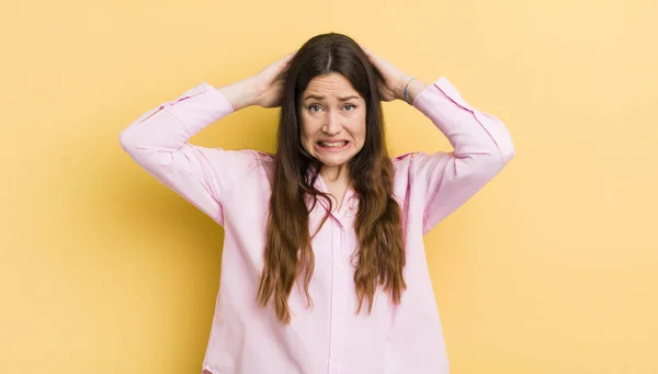 Pretty Caucasian Woman Feeling Stressed Worried Anxious Scared Hands Head — Stock Photo, Image