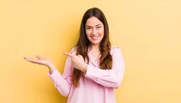 Pretty Caucasian Woman Smiling Feeling Happy Carefree Satisfied Pointing Concept — Stok fotoğraf