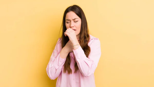Pretty Caucasian Woman Feeling Ill Sore Throat Flu Symptoms Coughing — Stok fotoğraf
