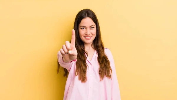 Pretty Caucasian Woman Smiling Proudly Confidently Making Number One Pose — Stock Photo, Image