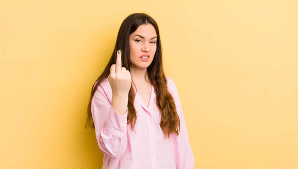 Pretty Caucasian Woman Feeling Angry Annoyed Rebellious Aggressive Flipping Middle — Stok fotoğraf