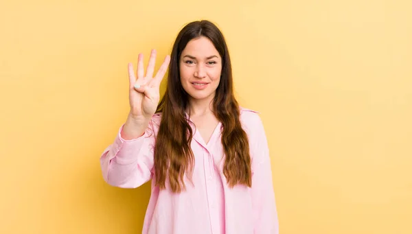 Pretty Caucasian Woman Smiling Looking Friendly Showing Number Four Fourth — Foto Stock
