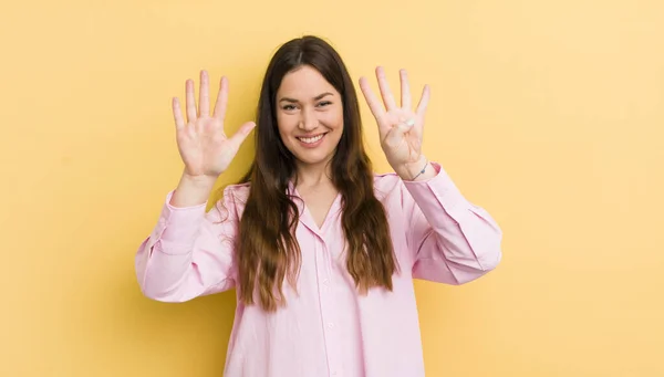 Pretty Caucasian Woman Smiling Looking Friendly Showing Number Nine Ninth — Stock Photo, Image