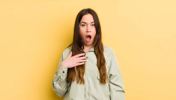 Pretty Caucasian Woman Feeling Shocked Astonished Surprised Hand Chest Open — Foto Stock