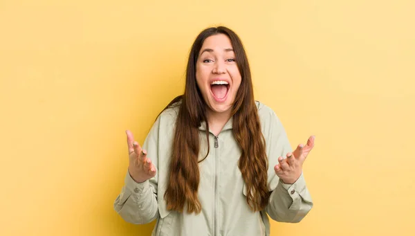 Pretty Caucasian Woman Feeling Happy Astonished Lucky Surprised Saying Omg — Foto Stock
