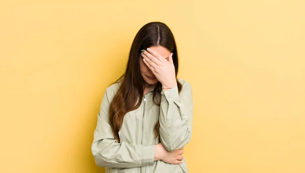 Pretty Caucasian Woman Looking Stressed Ashamed Upset Headache Covering Face — 图库照片