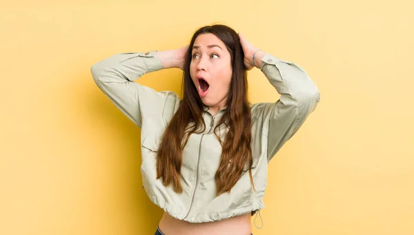 Pretty Caucasian Woman Open Mouth Looking Horrified Shocked Because Terrible — Stockfoto