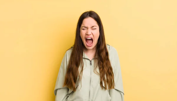 Pretty Caucasian Woman Shouting Aggressively Looking Very Angry Frustrated Outraged —  Fotos de Stock