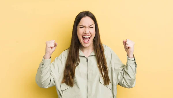 Pretty Caucasian Woman Feeling Happy Surprised Proud Shouting Celebrating Success — Stock fotografie