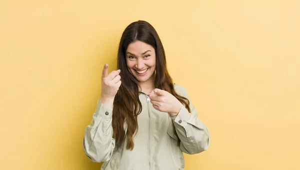 Pretty Caucasian Woman Smiling Positive Successful Happy Attitude Pointing Camera — Zdjęcie stockowe