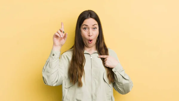 Pretty Caucasian Woman Feeling Proud Surprised Pointing Self Confidently Feeling — Stockfoto
