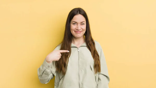 Pretty Caucasian Woman Looking Proud Confident Happy Smiling Pointing Self — Stockfoto