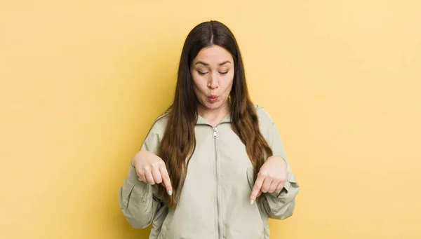 Pretty Caucasian Woman Open Mouth Pointing Downwards Both Hands Looking — Fotografia de Stock