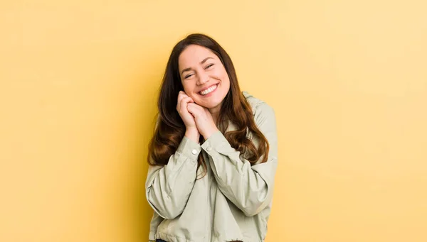 Pretty Caucasian Woman Feeling Love Looking Cute Adorable Happy Smiling — Stock Photo, Image