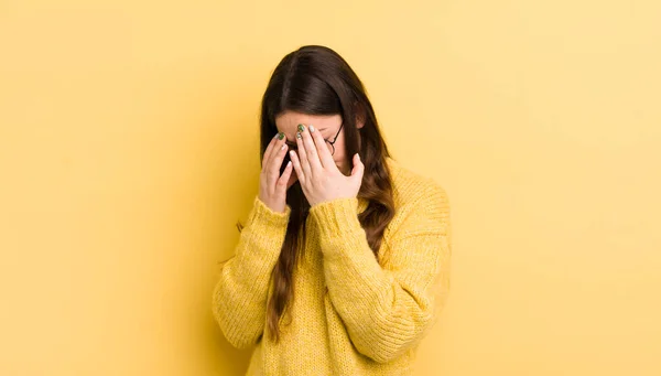 Pretty Caucasian Woman Covering Eyes Hands Sad Frustrated Look Despair — Photo