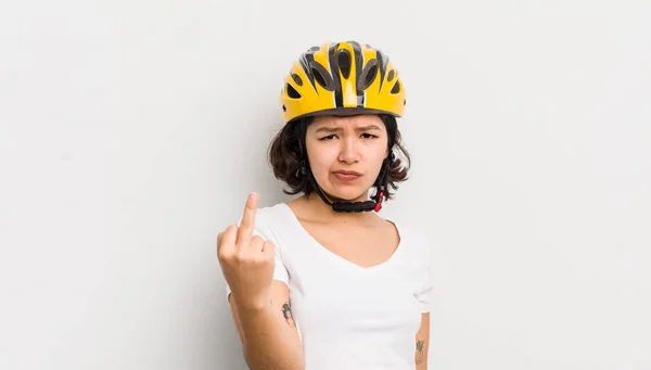 Pretty Hispanic Girl Feeling Angry Annoyed Rebellious Aggressive Bike Concept — Stock Photo, Image