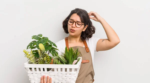 Menina Bastante Hispânica Sorrindo Feliz Sonhando Acordado Duvidar Conceito Plantas — Fotografia de Stock