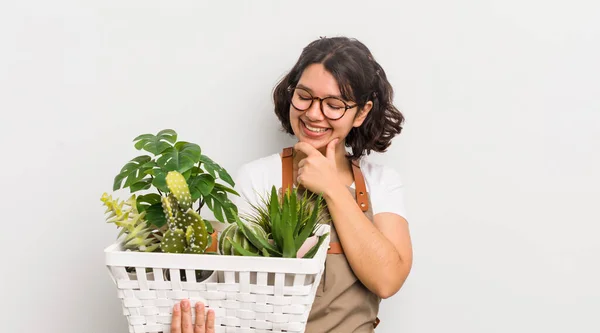 Pretty Hispanic Girl Smiling Happy Confident Expression Hand Chin Plants — Stock Photo, Image