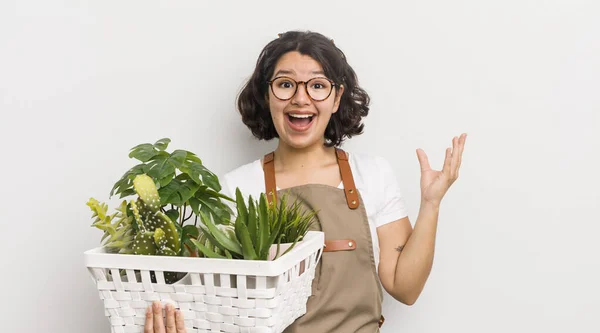 Bella Ragazza Ispanica Sensazione Felice Stupito Qualcosa Incredibile Concetto Piante — Foto Stock