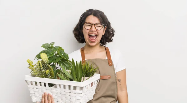 Menina Bastante Hispânica Gritando Agressivamente Parecendo Muito Irritada Conceito Plantas — Fotografia de Stock