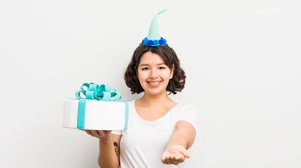 Pretty Hispanic Girl Smiling Happily Friendly Offering Showing Concept Birthday — Stock Photo, Image