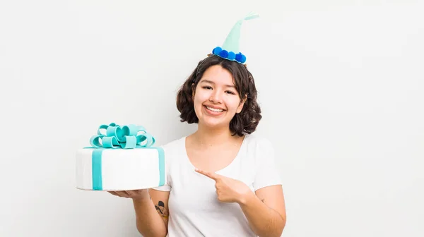 Pretty Hispanic Girl Smiling Cheerfully Feeling Happy Pointing Side Birthday — Stock Photo, Image