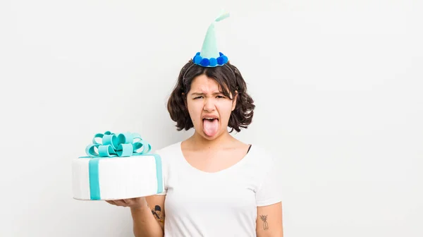 Pretty Hispanic Girl Feeling Disgusted Irritated Tongue Out Birthday Concept — Stock Photo, Image