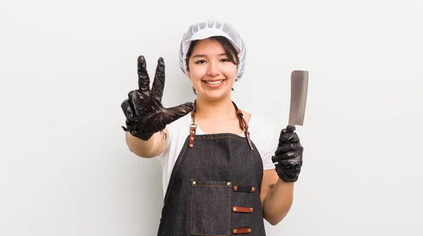 Pretty Hispanic Girl Smiling Looking Friendly Showing Number Three Butcher — Stock Photo, Image