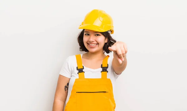 Pretty Hispanic Girl Pointing Camera Choosing You Worker Concept — Stock Photo, Image