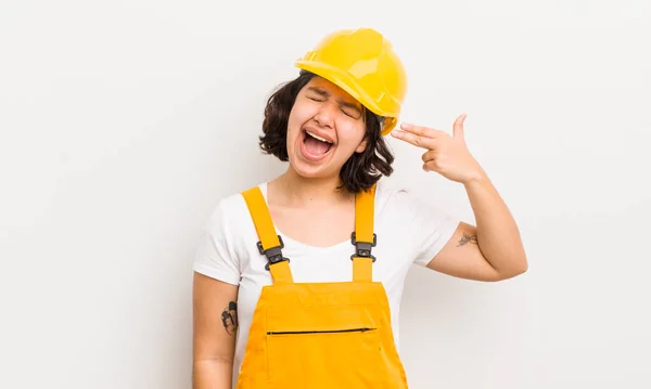 Pretty Hispanic Girl Looking Unhappy Stressed Suicide Gesture Making Gun — Stock Photo, Image