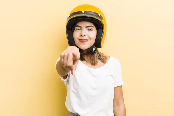 Pretty Hispanic Girl Pointing Camera Choosing You Motorbike Concept — Stock Photo, Image