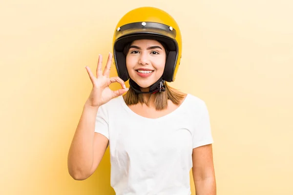 Pretty Hispanic Girl Feeling Happy Showing Approval Okay Gesture Motorbike — Stock Photo, Image