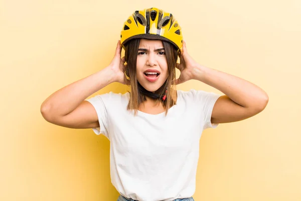 Pretty Hispanic Girl Feeling Stressed Anxious Scared Hands Head Bike — Stock Photo, Image
