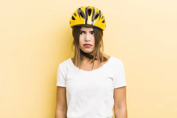 Pretty Hispanic Girl Feeling Sad Upset Angry Looking Side Bike — Stock Photo, Image